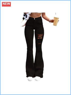 High Waisted Ripped Flare Bootcut Jeans Snug Fit Distressed Denim